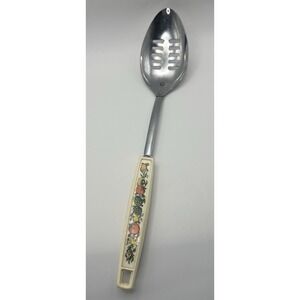 Vintage Ekco Slotted Serving Spoon Vegetable Design Handle Mushrooms MCM 12.25"